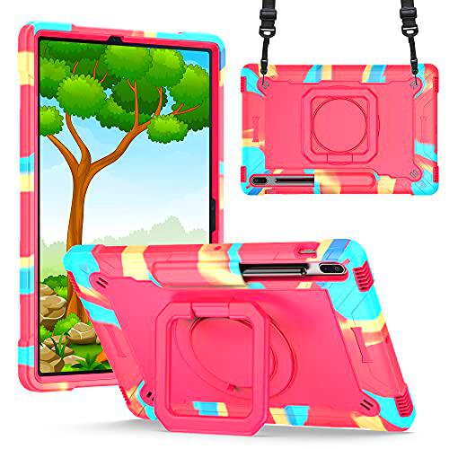 Funda para Samsung Galaxy Tab S8 Plus/ S7 Fe/ S7 Plus Case 12.4 '': Cubierta de TPU de protección de Choque de Grado Militar -360 Grados giratorios de Patada a Prueba Rugosa Rugged-Rosa Colorida