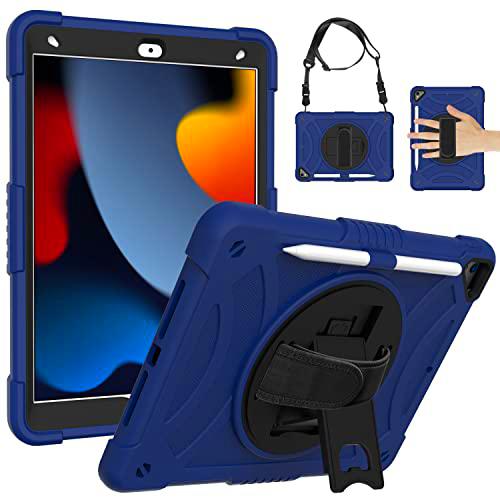 Funda de generación Universal para iPad 9th 10.2(2021) con Protector de Pantalla Portalápices Soporte Giratorio Correa de Mano/Hombro Funda Protectora Duradera para iPad (Azul Marino)