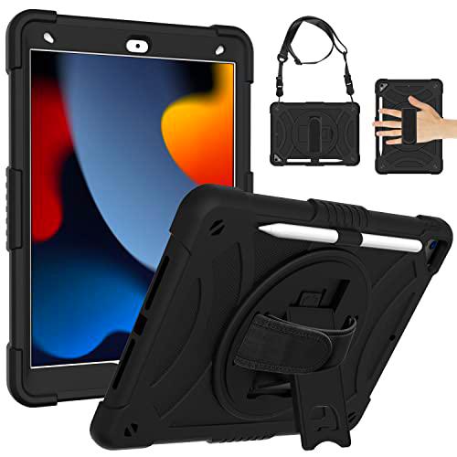 Funda de generación Universal para iPad 7th 10.2(2019) con Protector de Pantalla Portalápices Soporte Giratorio Correa de Mano/Hombro Funda Protectora Duradera para iPad (Negro)