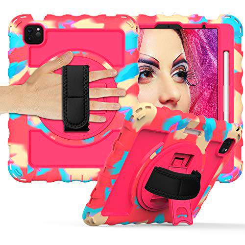 Estuche para Samsung Tab 10.4 T505 T510 Estuche Protector Duradero de Cuerpo Completo con portalápices Correa de muñeca giratoria de 360 ​​º / Correa de Hombro con Soporte (Color + Rosa roja)