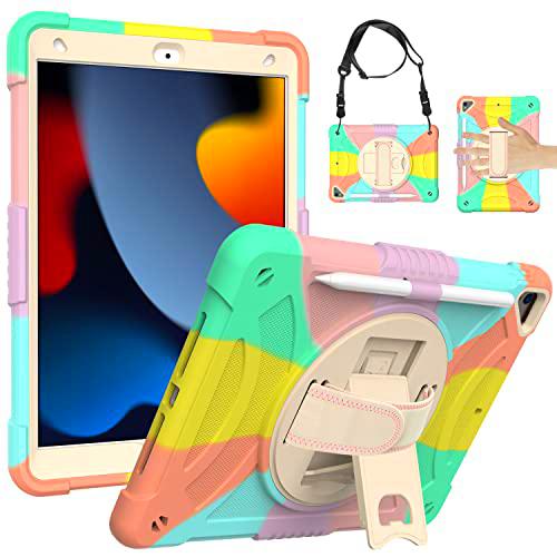 Funda de generación Universal para iPad Mini6 con Protector de Pantalla Portalápices Soporte Giratorio Correa de Mano/Hombro Funda Protectora Duradera para iPad (Vistoso)