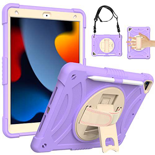 Funda de generación Universal para iPad 8th 10.2(2020) con Protector de Pantalla Portalápices Soporte Giratorio Correa de Mano/Hombro Funda Protectora Duradera para iPad (púrpura)