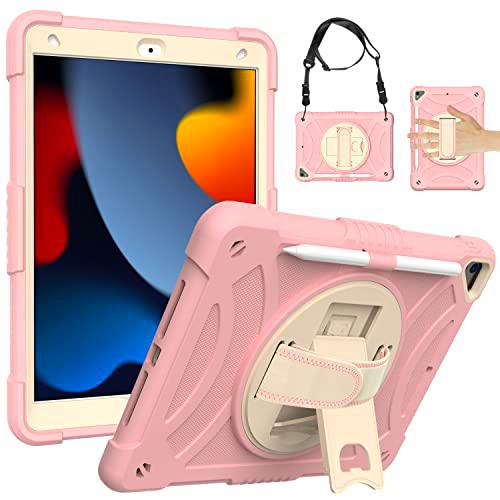Funda Protectora Duradera para Samsung Tab A8 2021 X200/X205 de Cuerpo Completo con portalápices Correa de muñeca giratoria de 360º/Correa de Hombro con función Atril (Oro Rosa)