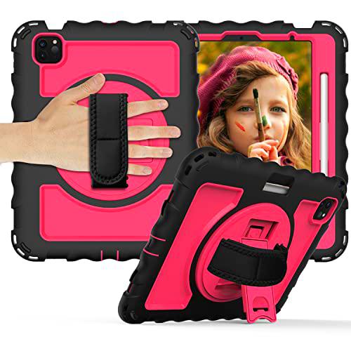 Estuche para Samsung Tab 10.4 T505 T510 Estuche Protector Duradero de Cuerpo Completo con portalápices Correa de muñeca giratoria de 360 ​​º / Correa de Hombro con Soporte (Negro + Rosa Rojo)