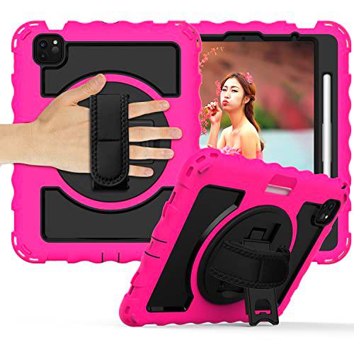 Estuche para Samsung Tab8.0 T290 T295 Estuche Protector Duradero de Cuerpo Completo con portalápices Correa de muñeca giratoria de 360 ​​º / Correa de Hombro con Soporte (Rosa roja)
