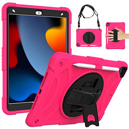 Funda de generación Universal para iPad 8th 10.2(2020) con Protector de Pantalla Portalápices Soporte Giratorio Correa de Mano/Hombro Funda Protectora Duradera para iPad (Rosa roja)