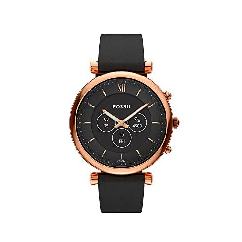 Fossil Smartwatch híbrido Gen 6 Carlie para mujer de Fossil de acero inoxidable en tono oro rosa con correa de piel en color negro, FTW7079