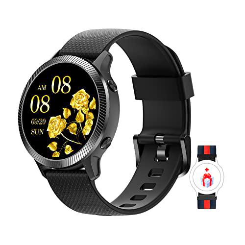IOWODO Smartwatch Mujer, Reloj Inteligente Mujer IP68 con Oxímetro(SpO2) Notificación de Mensajes Esfera Personalizada Pulsometro Podómetro Sueño,1.09 Pulgadas Pantalla para iOS Android(2 Correas)