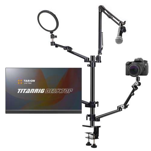 TARION Soporte de Brazo para cámara para transmisión: Soporte de Escritorio para cámara Superior 4 en 1 Ajustable con 1 Brazo de micrófono + 3 Brazos articulados para cámara